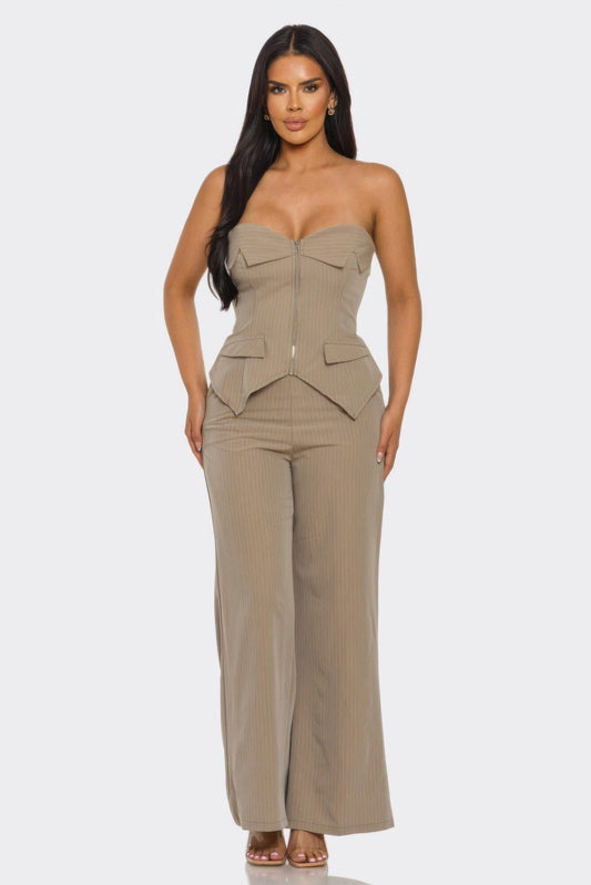 Women 2 pcsStrapless Corset Top and pant set Outfit Sets jehouze Mocha S 