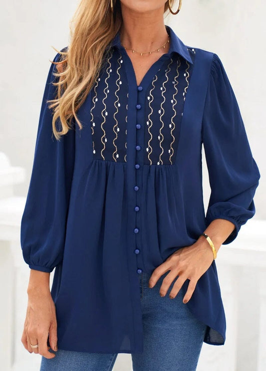 Women 3/4 Sleeve Chiffon Collar Embroidery Blouse Tops Shirts & Tops jehouze 