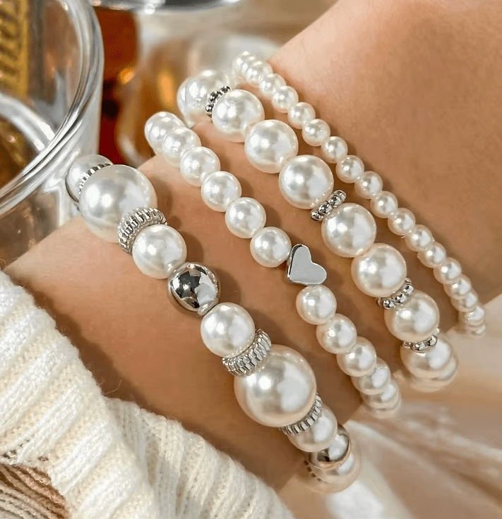 Women 4 pc Pearl Stackable Stretch Multilayered Elastic Bracelet Bracelets jehouze 1 
