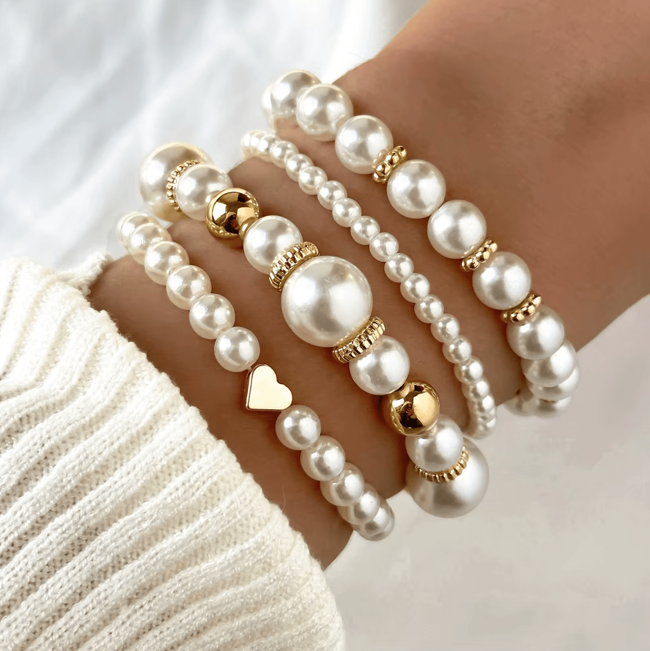 Women 4 pc Pearl Stackable Stretch Multilayered Elastic Bracelet Bracelets jehouze 2 