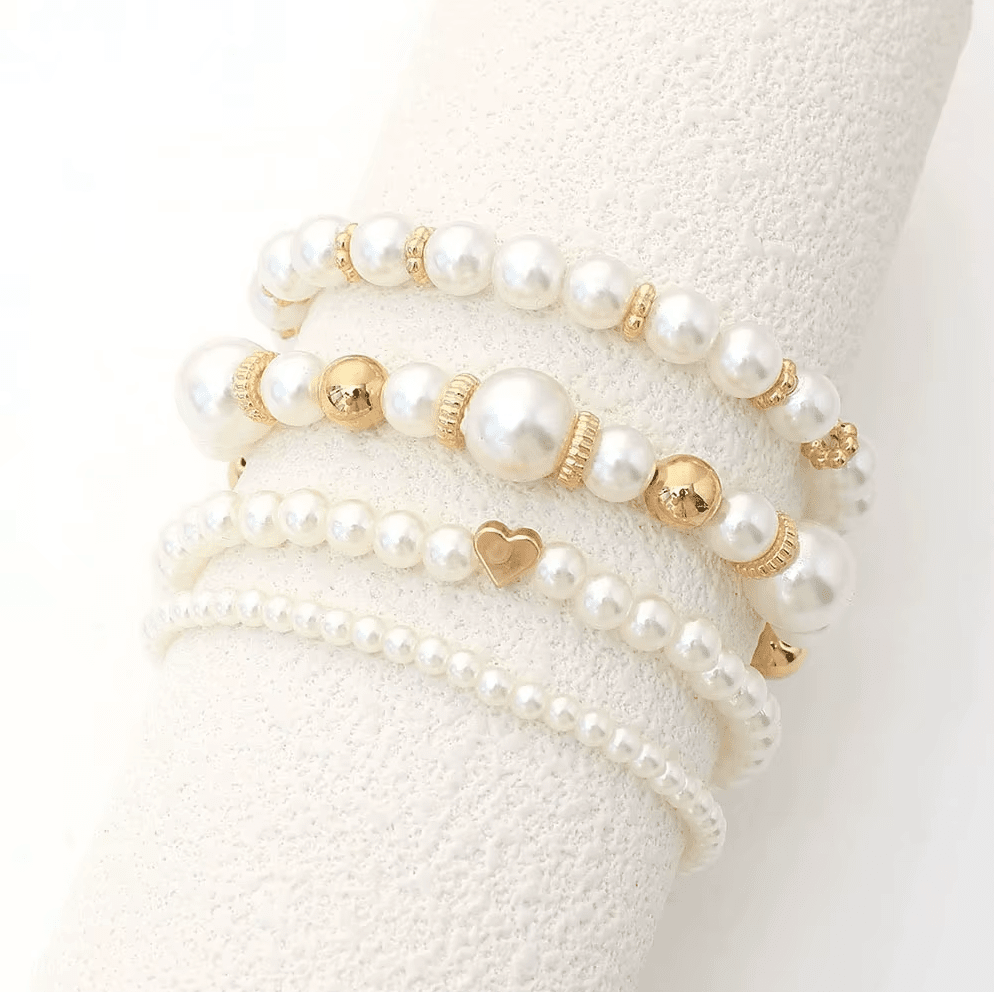Women 4 pc Pearl Stackable Stretch Multilayered Elastic Bracelet Bracelets jehouze 