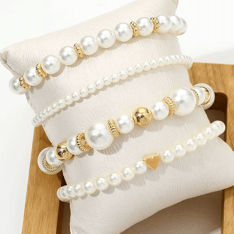 Women 4 pc Pearl Stackable Stretch Multilayered Elastic Bracelet Bracelets jehouze 