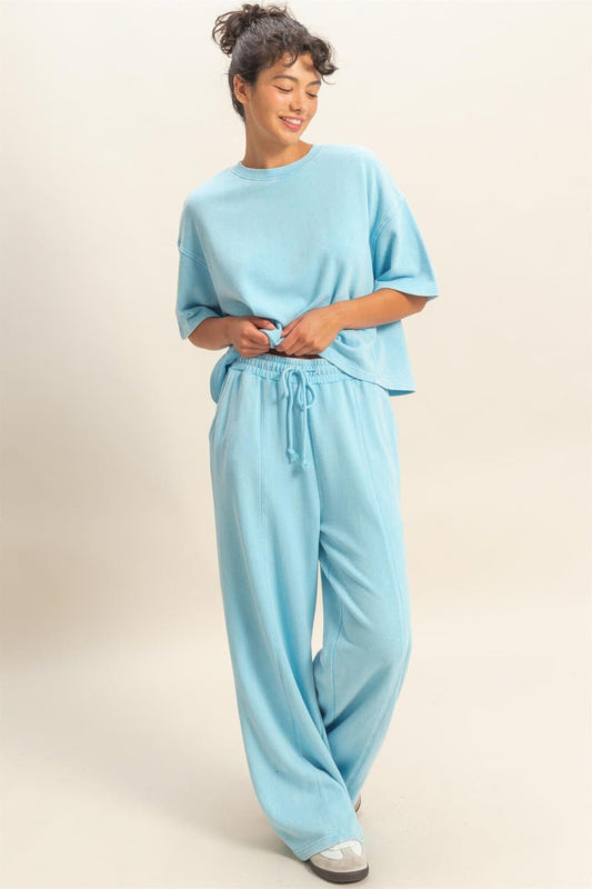 Women Acid Wash French Terry Wide-leg Pants Pants jehouze Blue S 