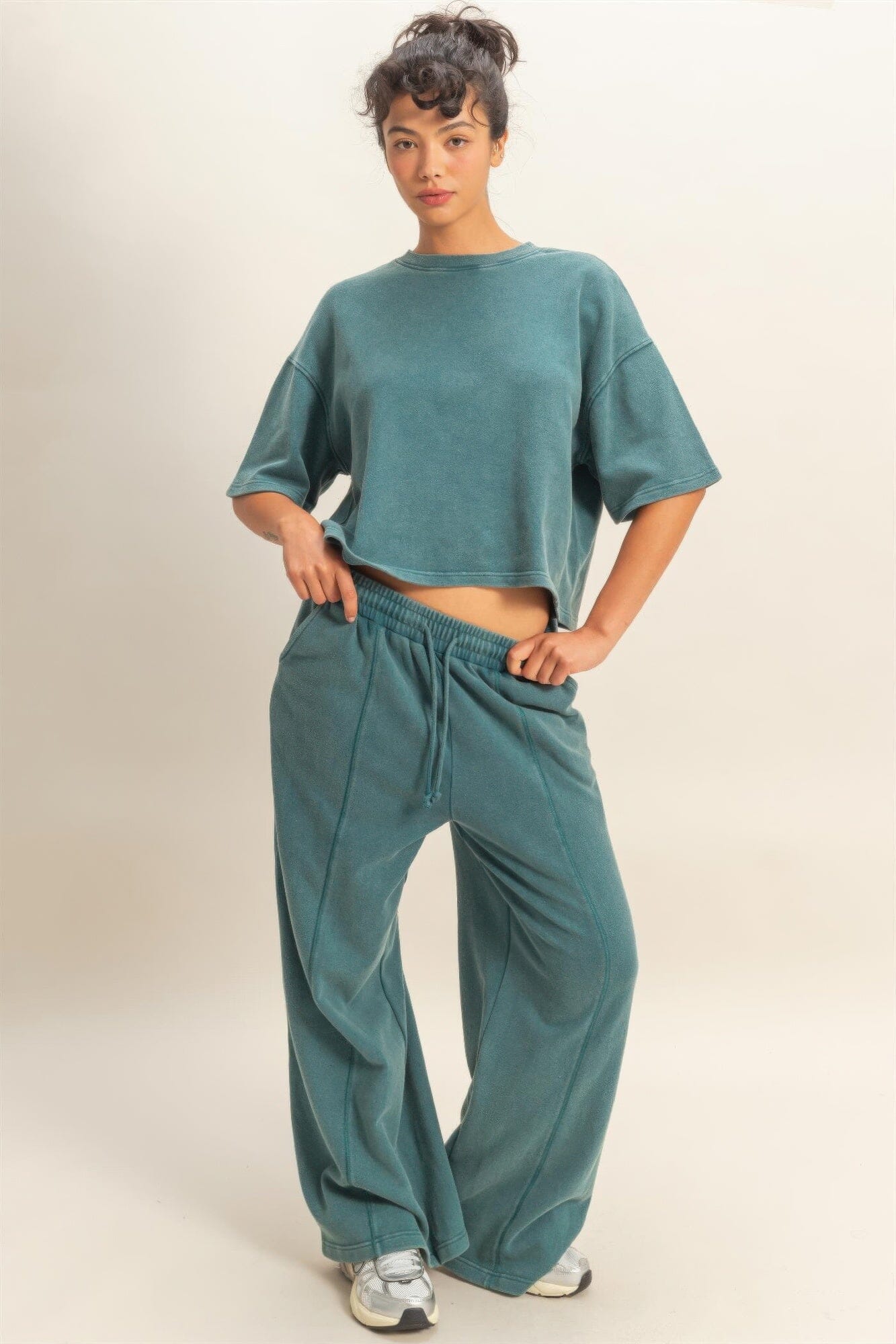 Women Acid Wash French Terry Wide-leg Pants Pants jehouze Dark teal S 