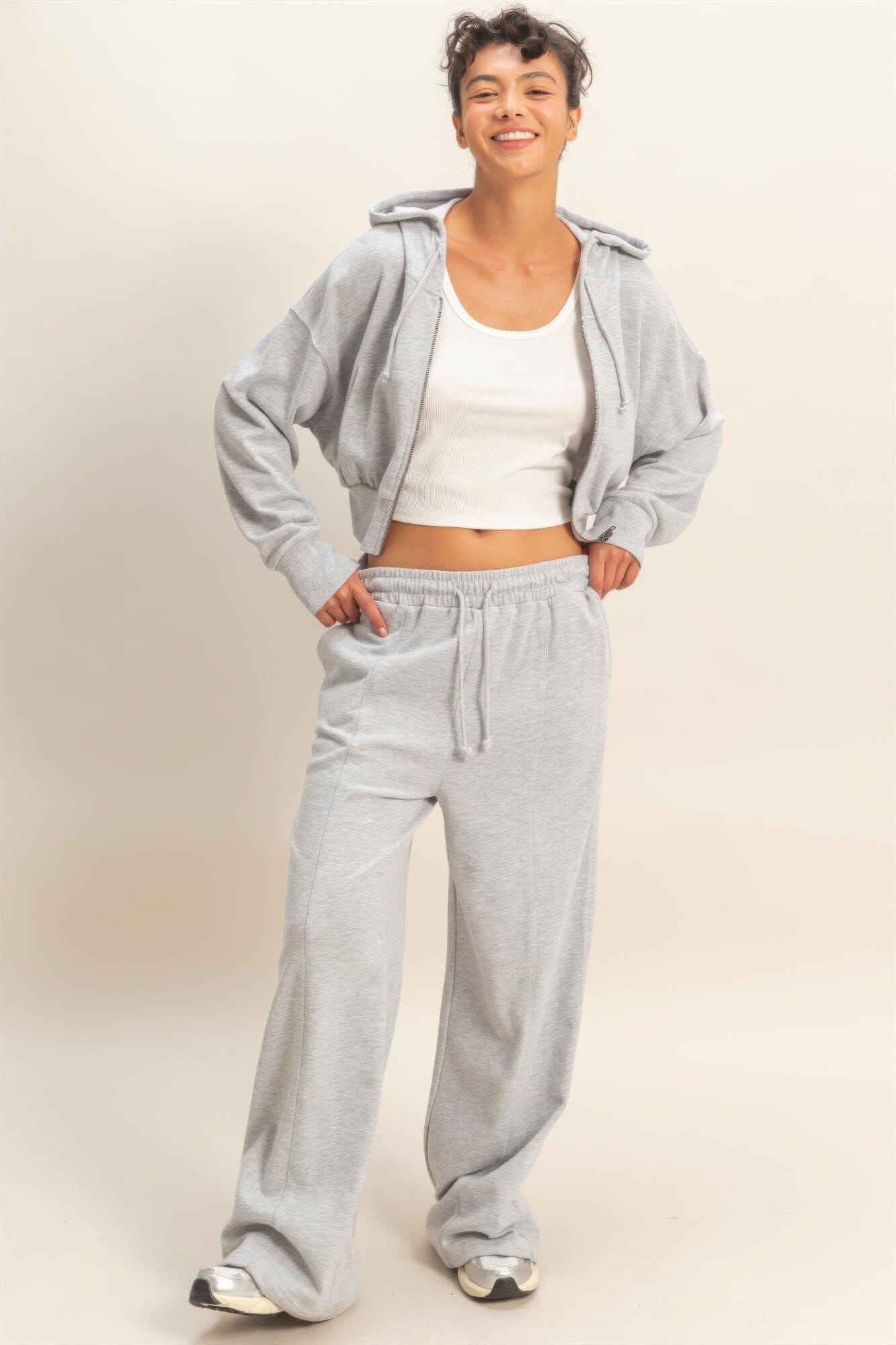 Women Acid Wash French Terry Wide-leg Pants Pants jehouze Heather grey S 