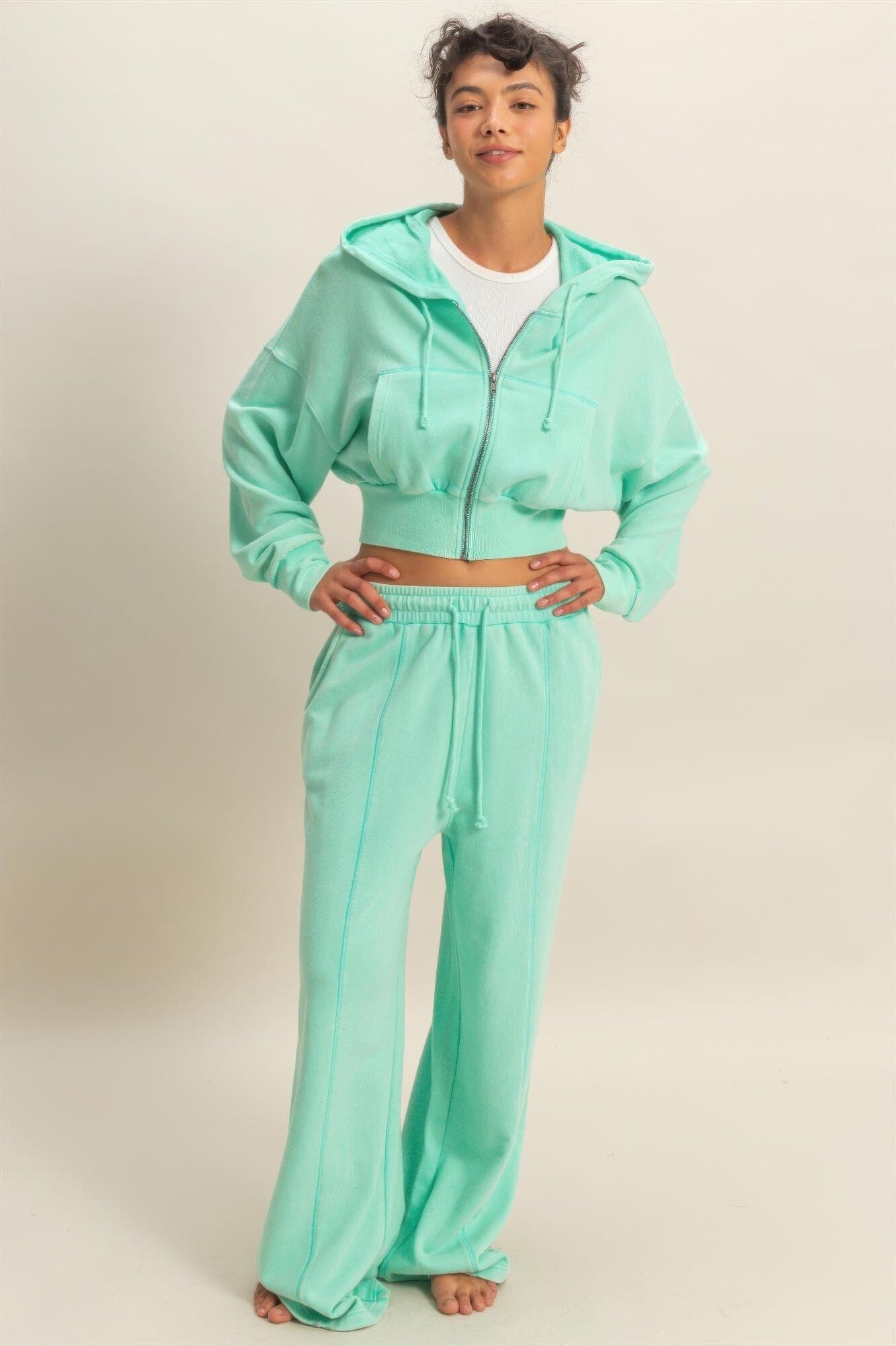 Women Acid Wash French Terry Wide-leg Pants Pants jehouze Mint S 