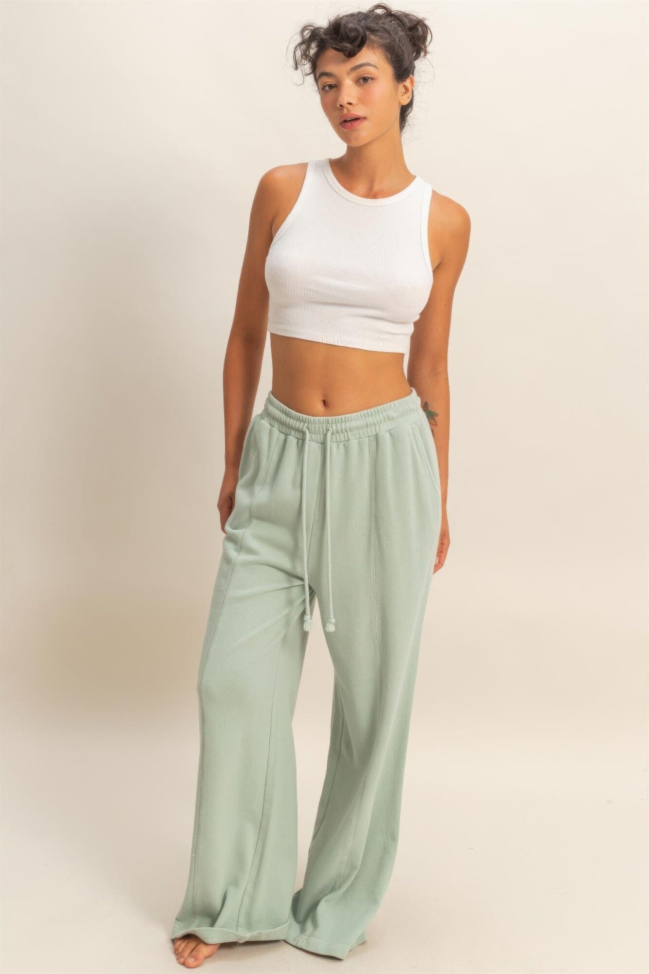 Women Acid Wash French Terry Wide-leg Pants Pants jehouze Saige green S 
