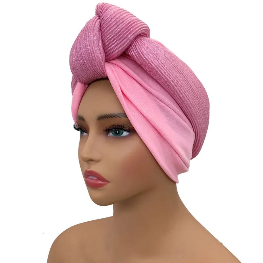 Women African Glitter Turban Beanie Knotted Head Auto Gele Wrap Hat Hat jehouze Pink 