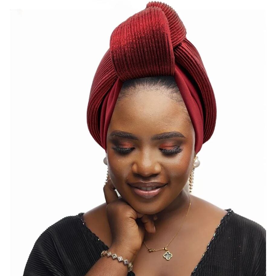 Women African Glitter Turban Beanie Knotted Head Auto Gele Wrap Hat Hat jehouze Wine Red 
