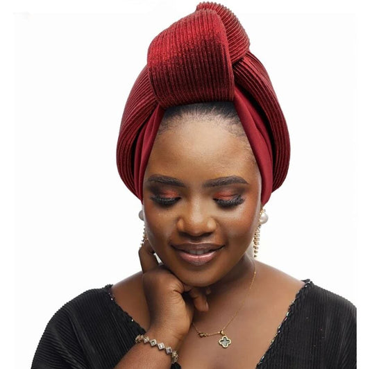 Women African Glitter Turban Beanie Knotted Head Auto Gele Wrap Hat Hat jehouze Wine Red 