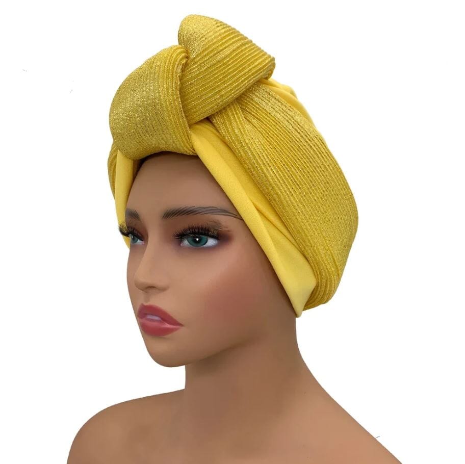 Women African Glitter Turban Beanie Knotted Head Auto Gele Wrap Hat Hat jehouze Yellow 
