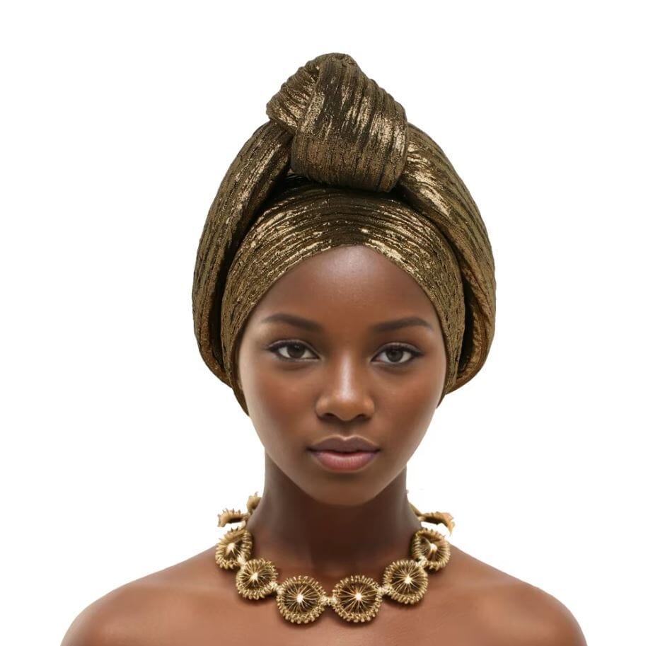 Women African Glitter Turban Beanie Knotted Head Wrap Hat Hat jehouze Gold 