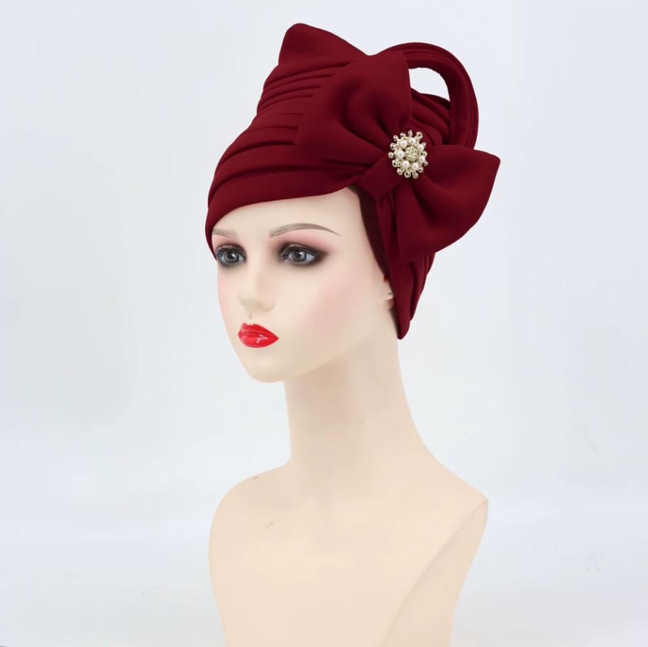 Women African Turban Auto Gele Headtie Scarf Beanie Headwear Hat jehouze Wine Red 