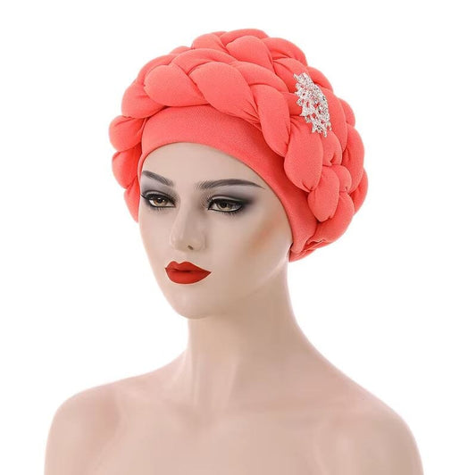 Women African Turban Braid Rhinestone brooch Twisted Headwear Hat jehouze Watermelon Red 