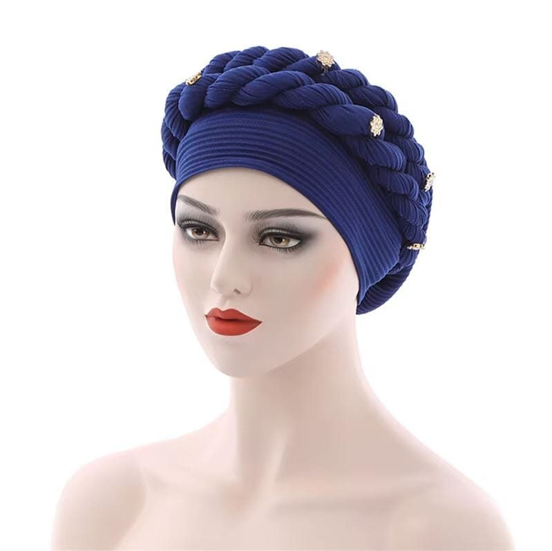 Women African Turban Double Twisted Braid Headwear Soft Pretied Head Cover Hat jehouze Navy Blue 