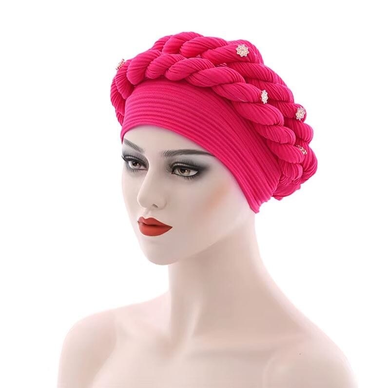 Women African Turban Double Twisted Braid Headwear Soft Pretied Head Cover Hat jehouze Rose Red 