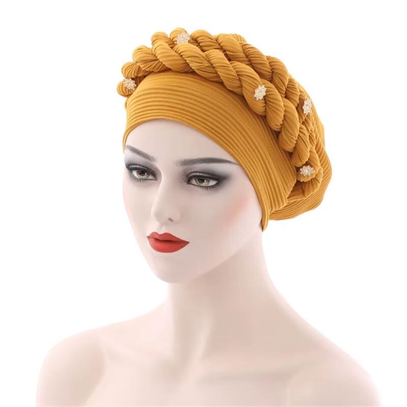 Women African Turban Double Twisted Braid Headwear Soft Pretied Head Cover Hat jehouze Tumeric Yellow 