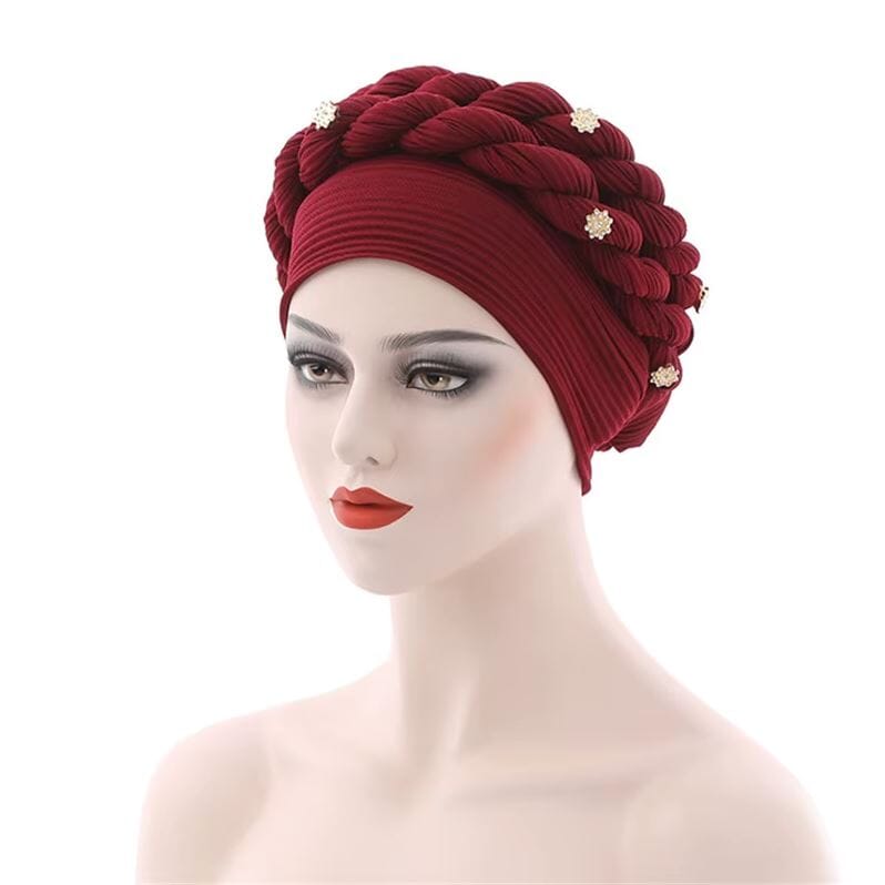 Women African Turban Double Twisted Braid Headwear Soft Pretied Head Cover Hat jehouze Wine Red 