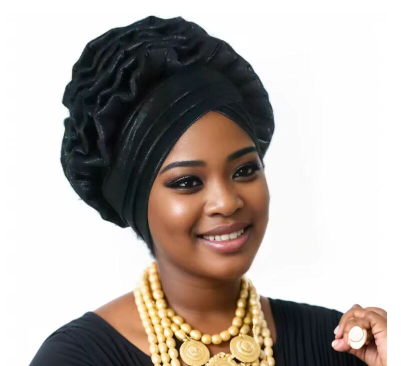 Women African Turban Elastic Ruffle Auto Gele Headtie Headwear Hat jehouze Black 