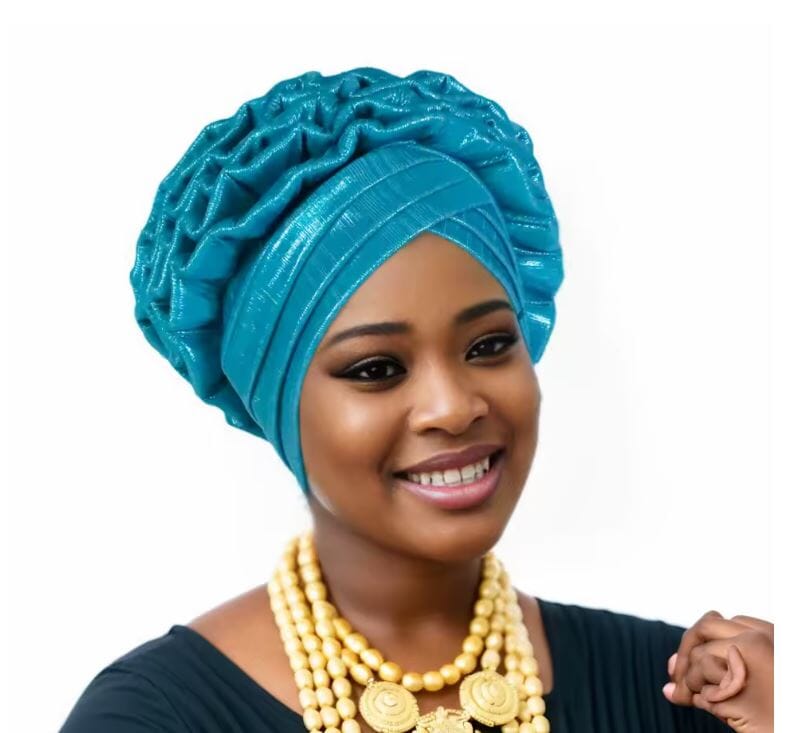 Women African Turban Elastic Ruffle Auto Gele Headtie Headwear Hat jehouze Blue 