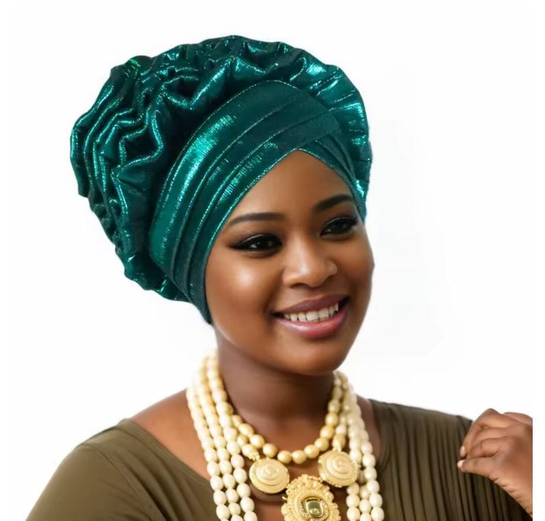 Women African Turban Elastic Ruffle Auto Gele Headtie Headwear Hat jehouze Green 