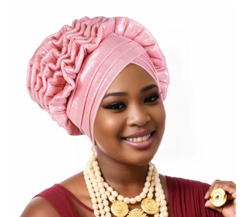 Women African Turban Elastic Ruffle Auto Gele Headtie Headwear Hat jehouze Pink 