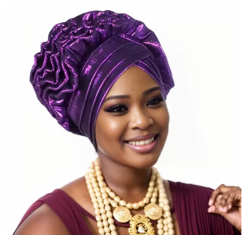Women African Turban Elastic Ruffle Auto Gele Headtie Headwear Hat jehouze Purple 