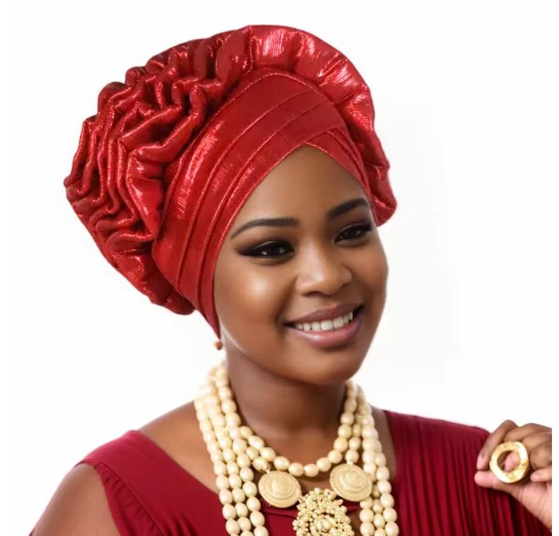 Women African Turban Elastic Ruffle Auto Gele Headtie Headwear Hat jehouze Red 