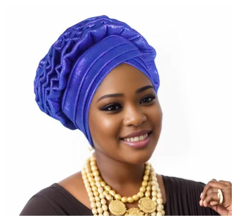 Women African Turban Elastic Ruffle Auto Gele Headtie Headwear Hat jehouze Royal Blue 