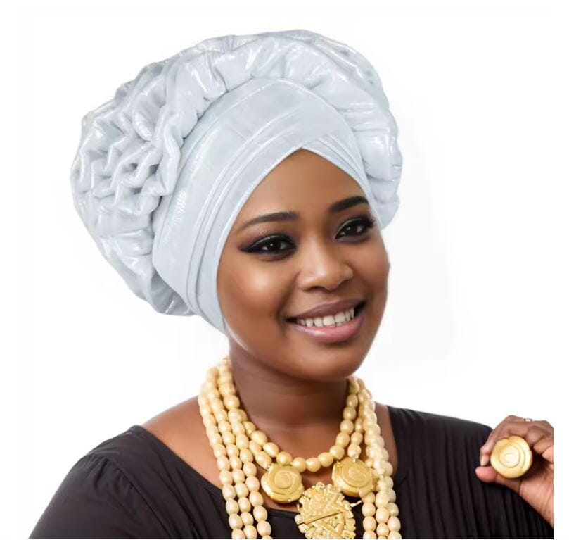 Women African Turban Elastic Ruffle Auto Gele Headtie Headwear Hat jehouze Silver White 