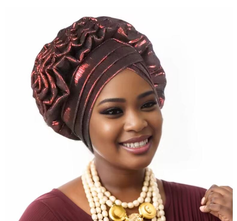 Women African Turban Elastic Ruffle Auto Gele Headtie Headwear Hat jehouze Wine Red 