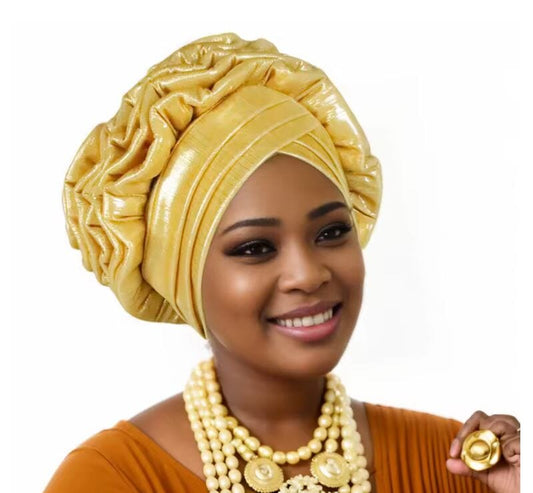 Women African Turban Elastic Ruffle Auto Gele Headtie Headwear Hat jehouze Yellow 