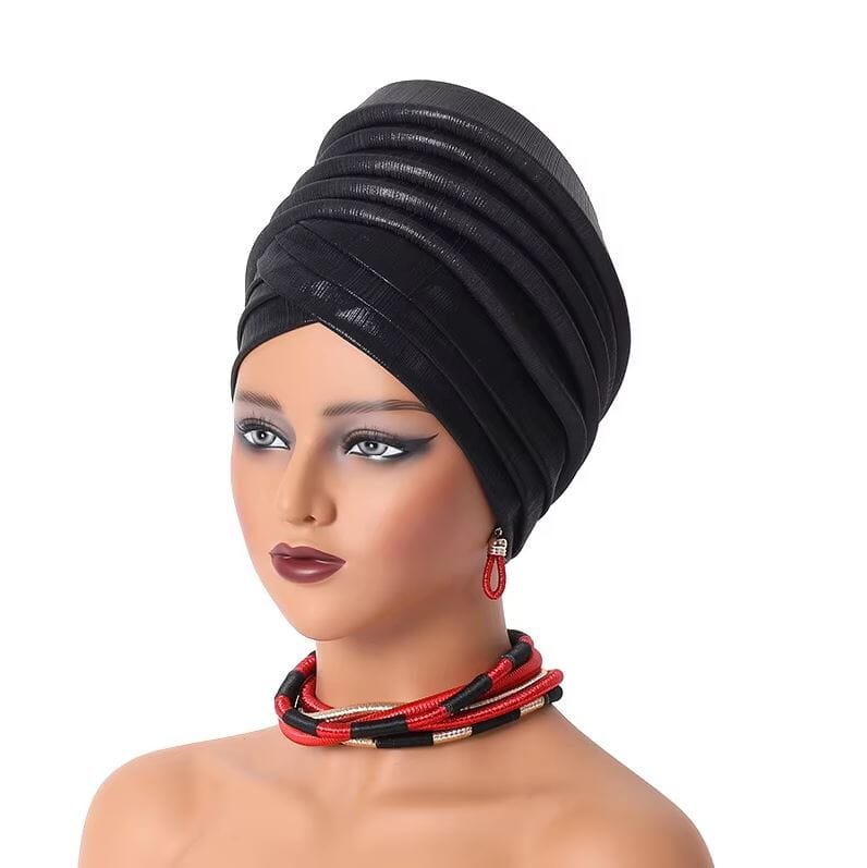 Women African Turban Gele Pleated Headwear Hat jehouze Black 