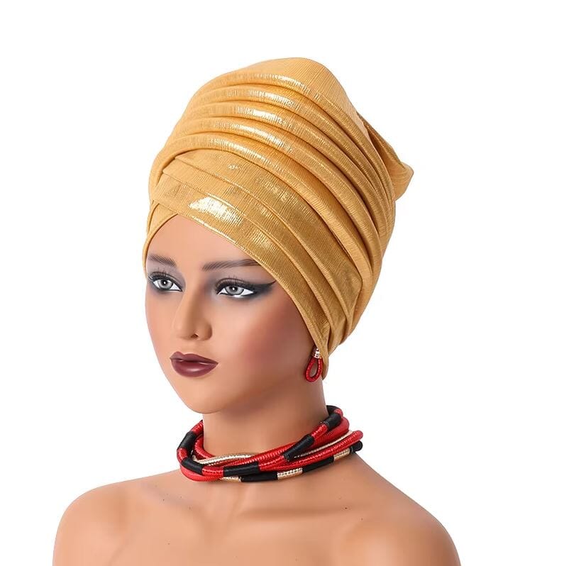 Women African Turban Gele Pleated Headwear Hat jehouze Gold 