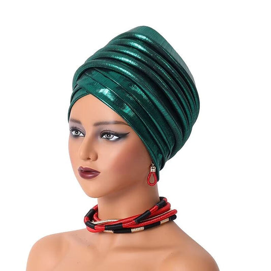 Women African Turban Gele Pleated Headwear Hat jehouze Green 