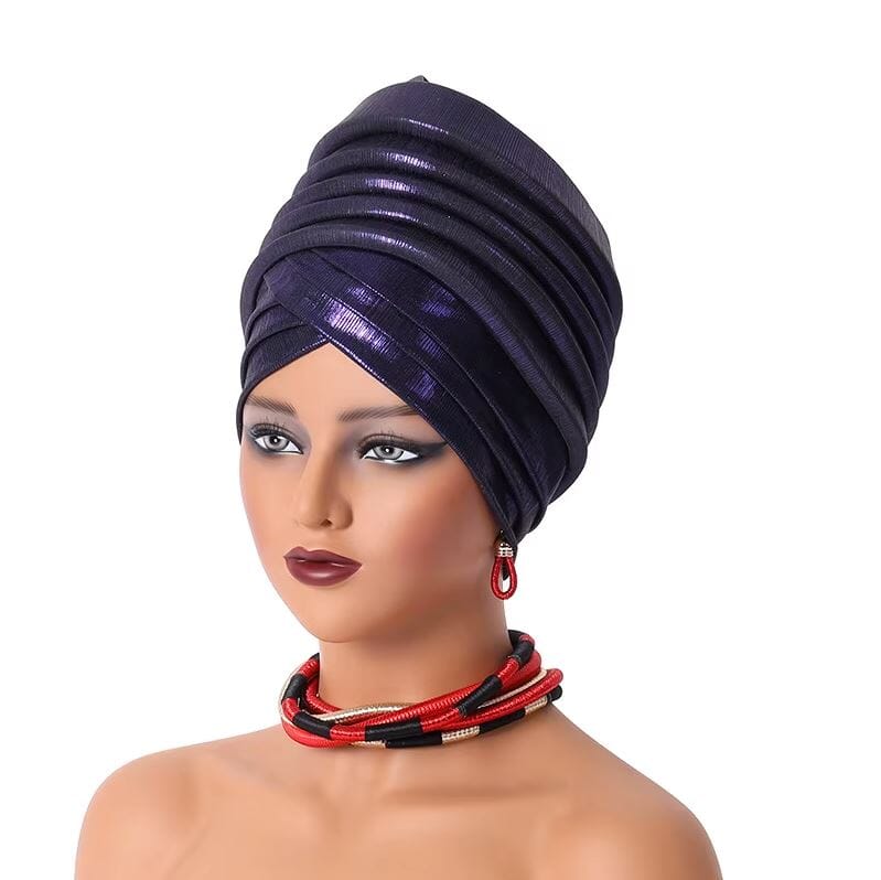 Women African Turban Gele Pleated Headwear Hat jehouze Navy Blue 