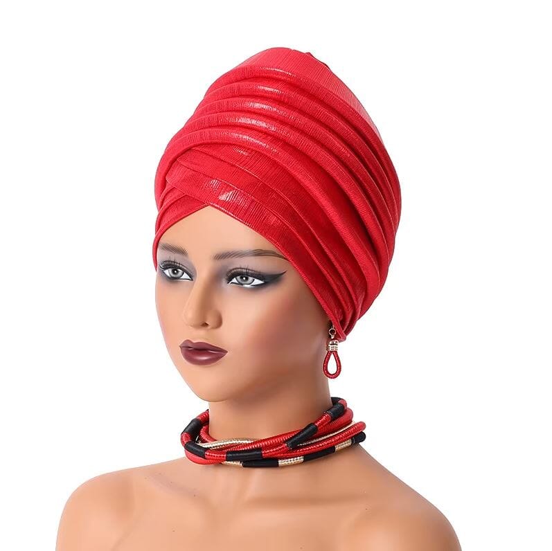 Women African Turban Gele Pleated Headwear Hat jehouze Red 