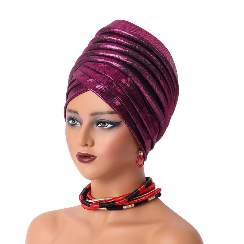 Women African Turban Gele Pleated Headwear Hat jehouze Rose Red 