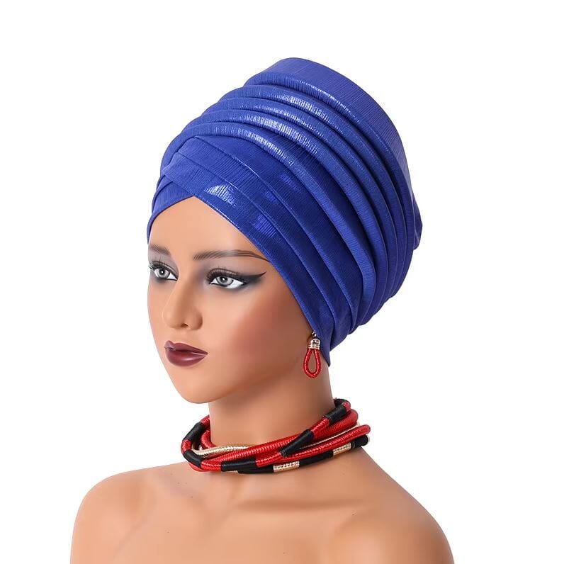 Women African Turban Gele Pleated Headwear Hat jehouze Royal Blue 