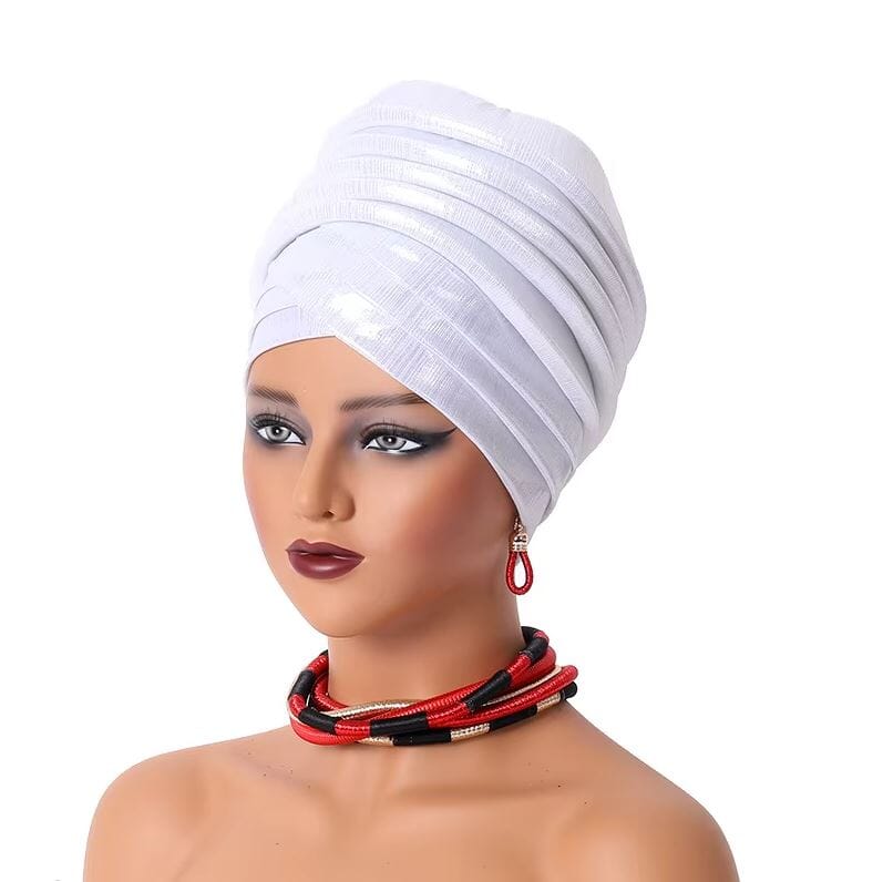 Women African Turban Gele Pleated Headwear Hat jehouze Silver 