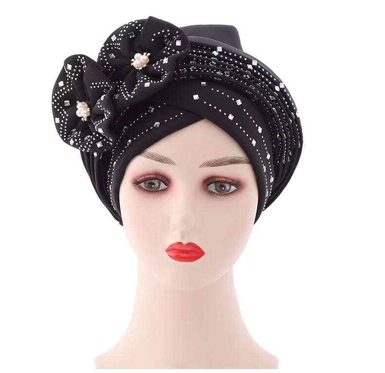 Women African Turban Nigerian Beads Stones Beanie Cap Headwear Hat jehouze Black 