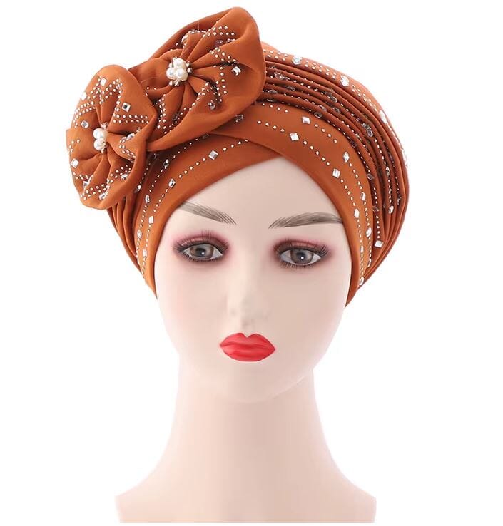 Women African Turban Nigerian Beads Stones Beanie Cap Headwear Hat jehouze Brown 