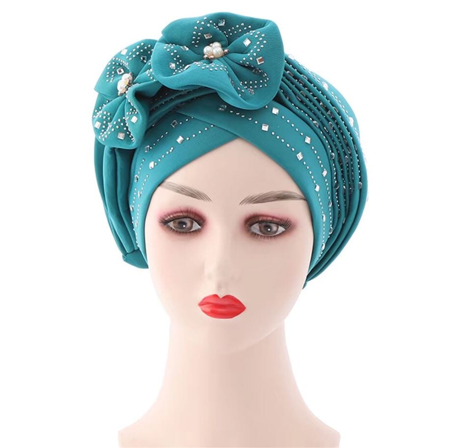 Women African Turban Nigerian Beads Stones Beanie Cap Headwear Hat jehouze Cyan 