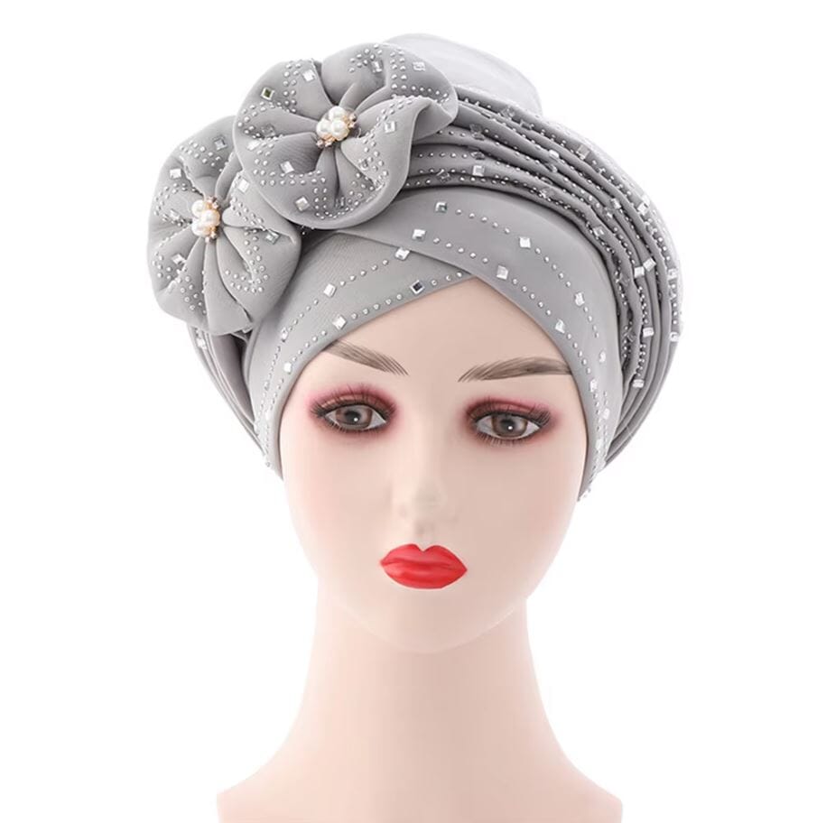 Women African Turban Nigerian Beads Stones Beanie Cap Headwear Hat jehouze Gray 