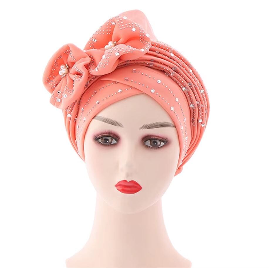 Women African Turban Nigerian Beads Stones Beanie Cap Headwear Hat jehouze Pink 