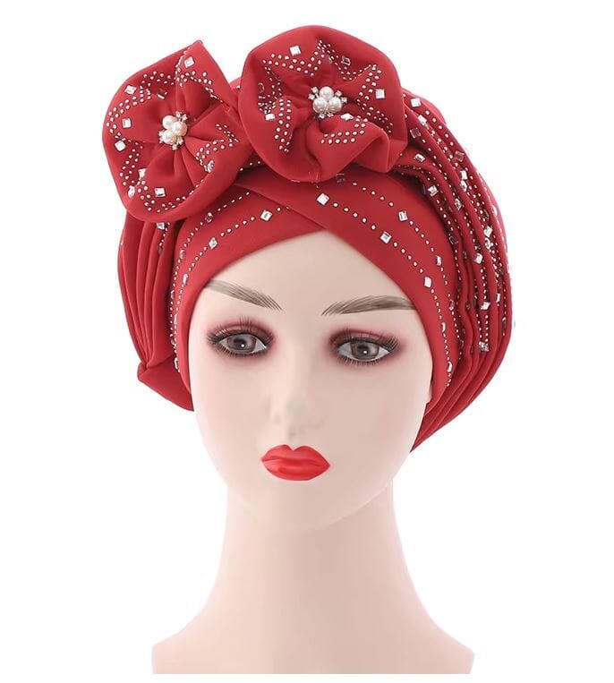 Women African Turban Nigerian Beads Stones Beanie Cap Headwear Hat jehouze Red 