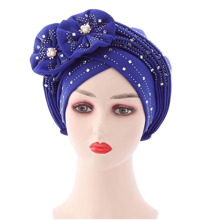 Women African Turban Nigerian Beads Stones Beanie Cap Headwear Hat jehouze Royal Blue 