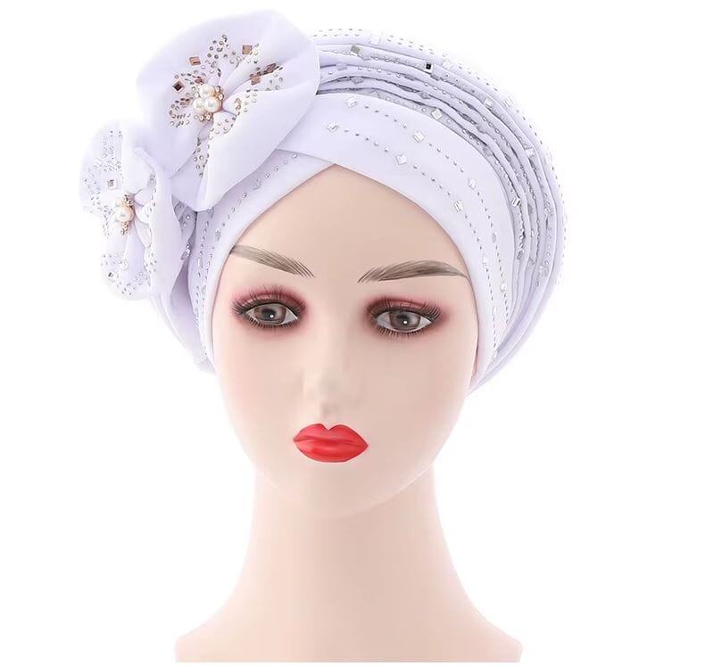 Women African Turban Nigerian Beads Stones Beanie Cap Headwear Hat jehouze White 