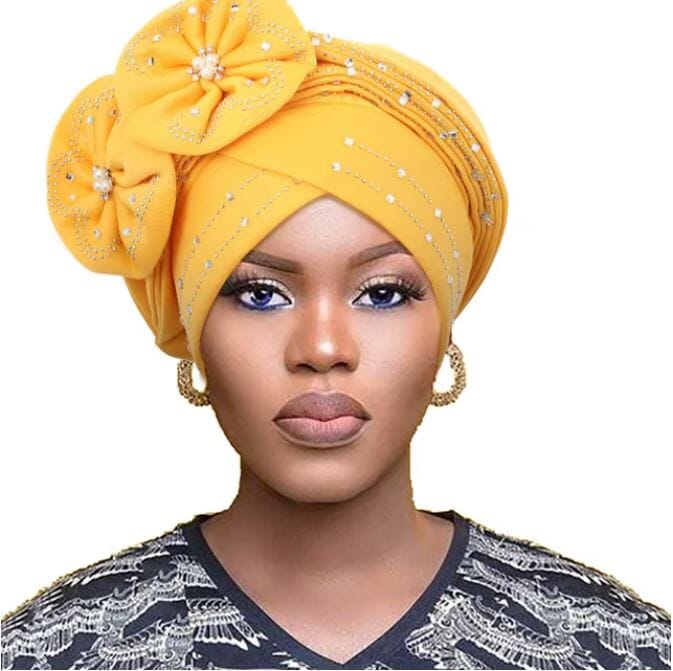 Women African Turban Nigerian Beads Stones Beanie Cap Headwear Hat jehouze Yellow 