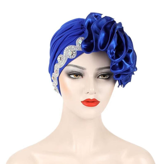 Women African Turban Satin Ruffled Pleated Wrap Headwear Hat jehouze Royal Blue 